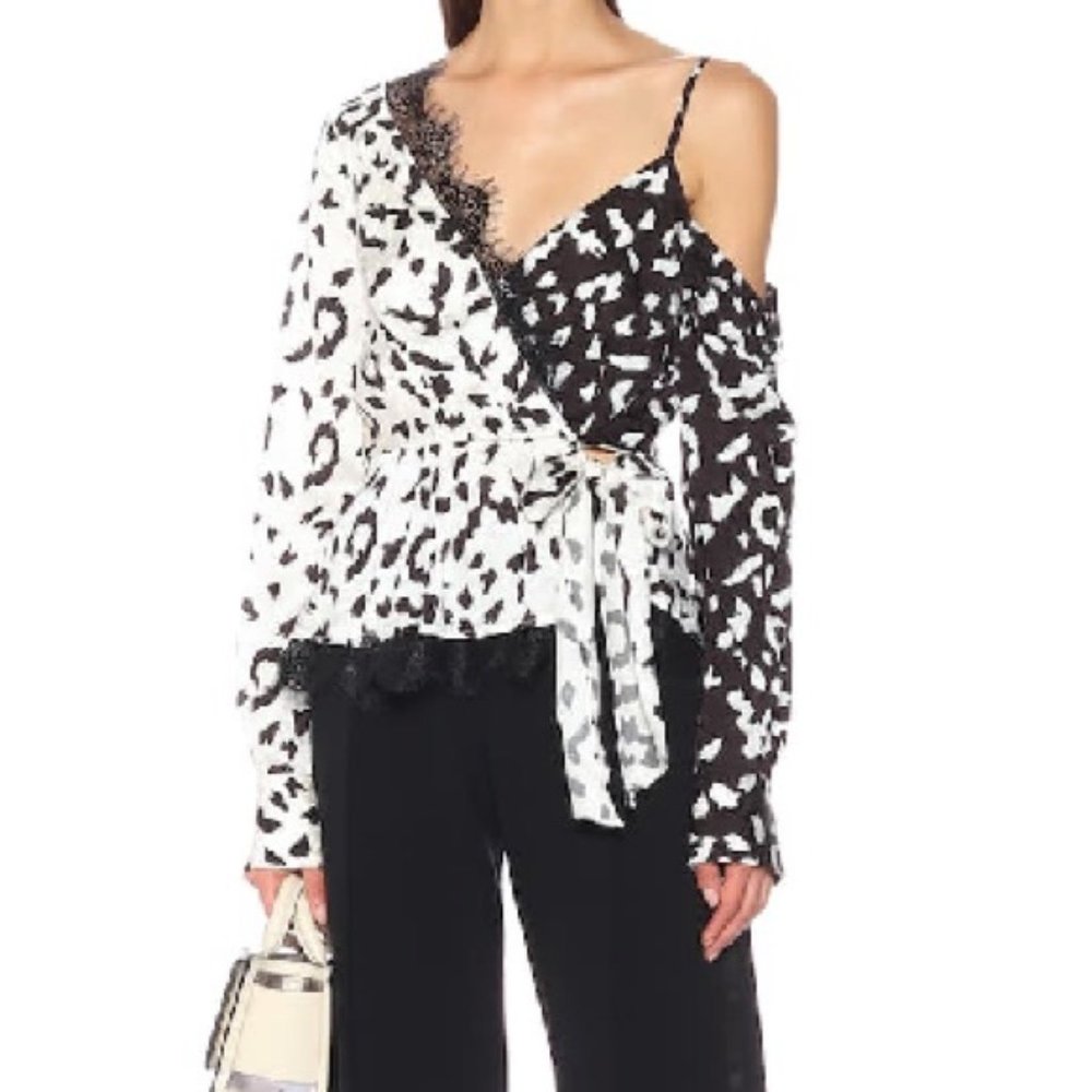 NWT Self-Portrait Lace Leopard One-shoulder Wrap Top